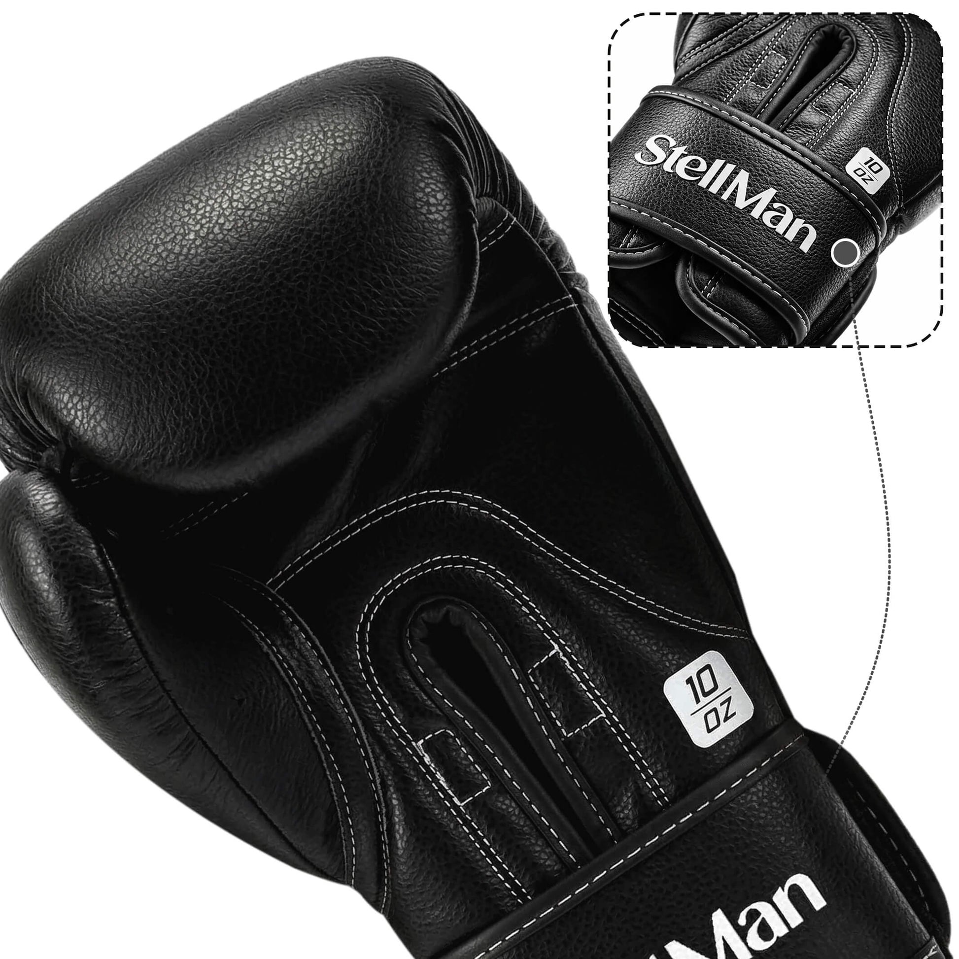 close up of StellMan boxing gloves showing premium synthetic leather texture and reinforced stitching