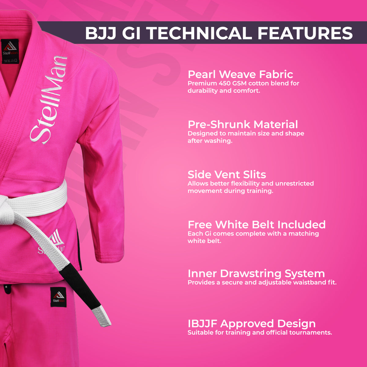 StellMan Women’s Brazilian Jiu-Jitsu Gi- Pink BJJ Uniform with Free White Belt