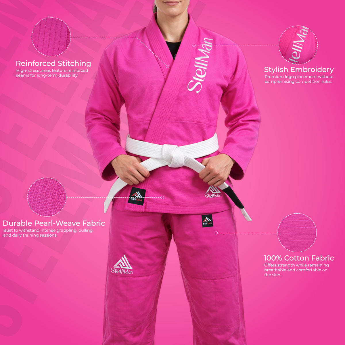 StellMan Women’s Brazilian Jiu-Jitsu Gi- Pink BJJ Uniform with Free White Belt