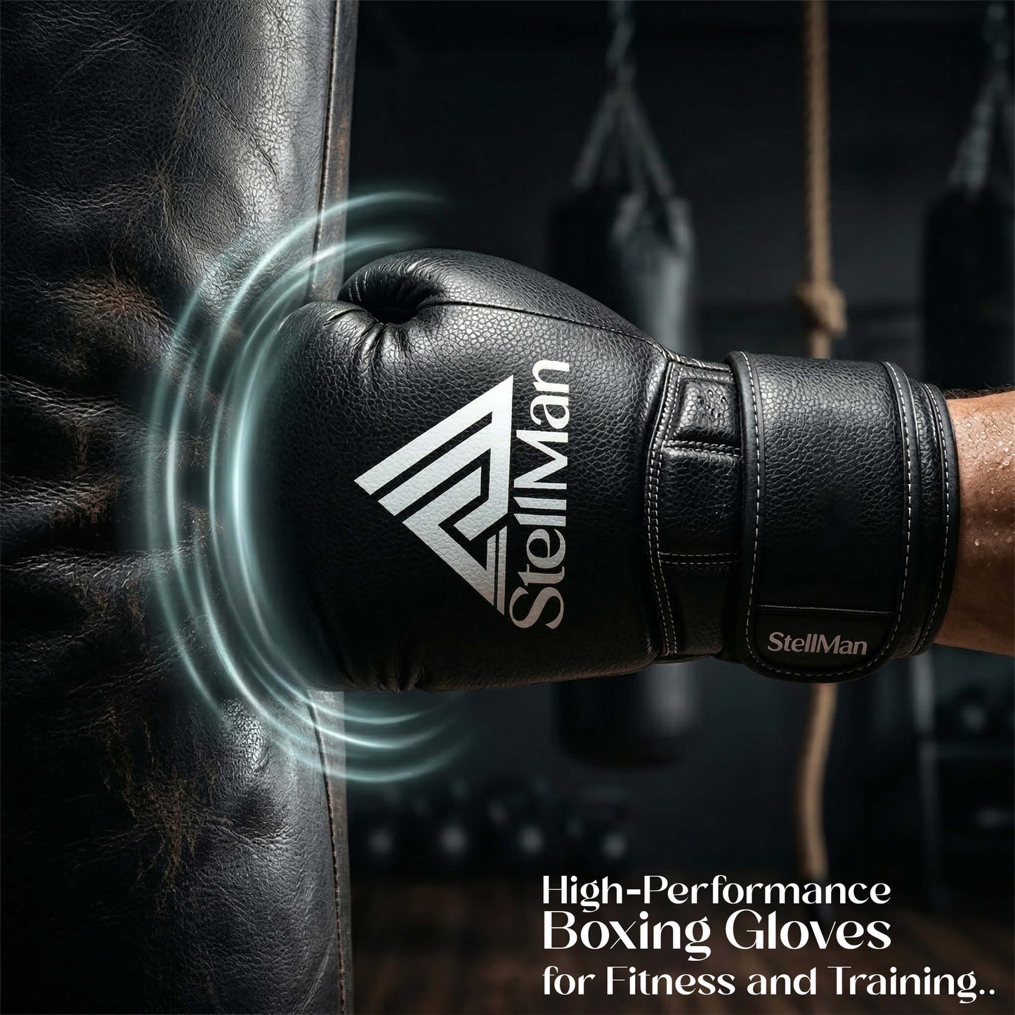 StellMan PunchMaster Pro boxing gloves hitting heavy bag showing shock absorbing impact protection