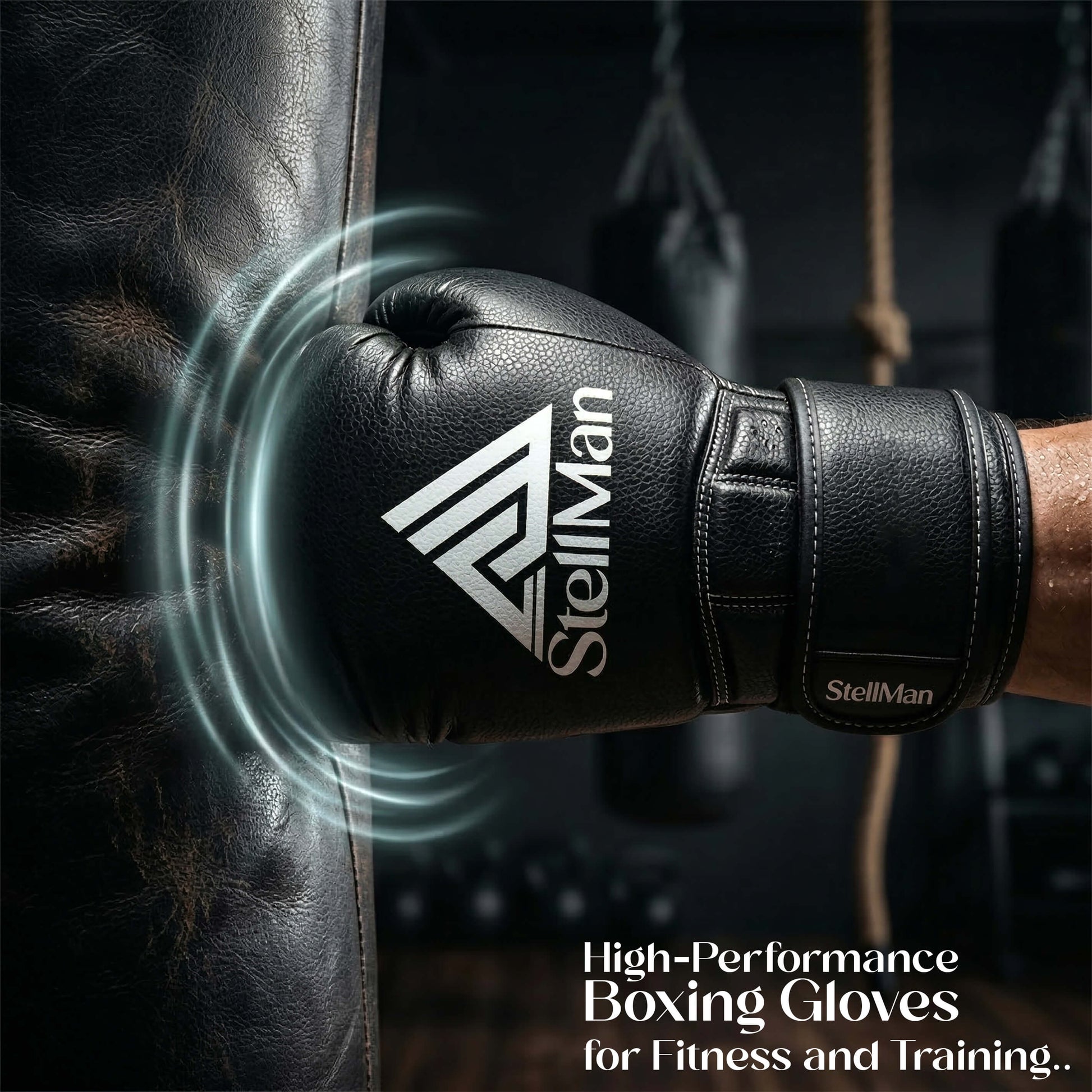 StellMan PunchMaster Pro boxing gloves hitting heavy bag showing shock absorbing impact protection