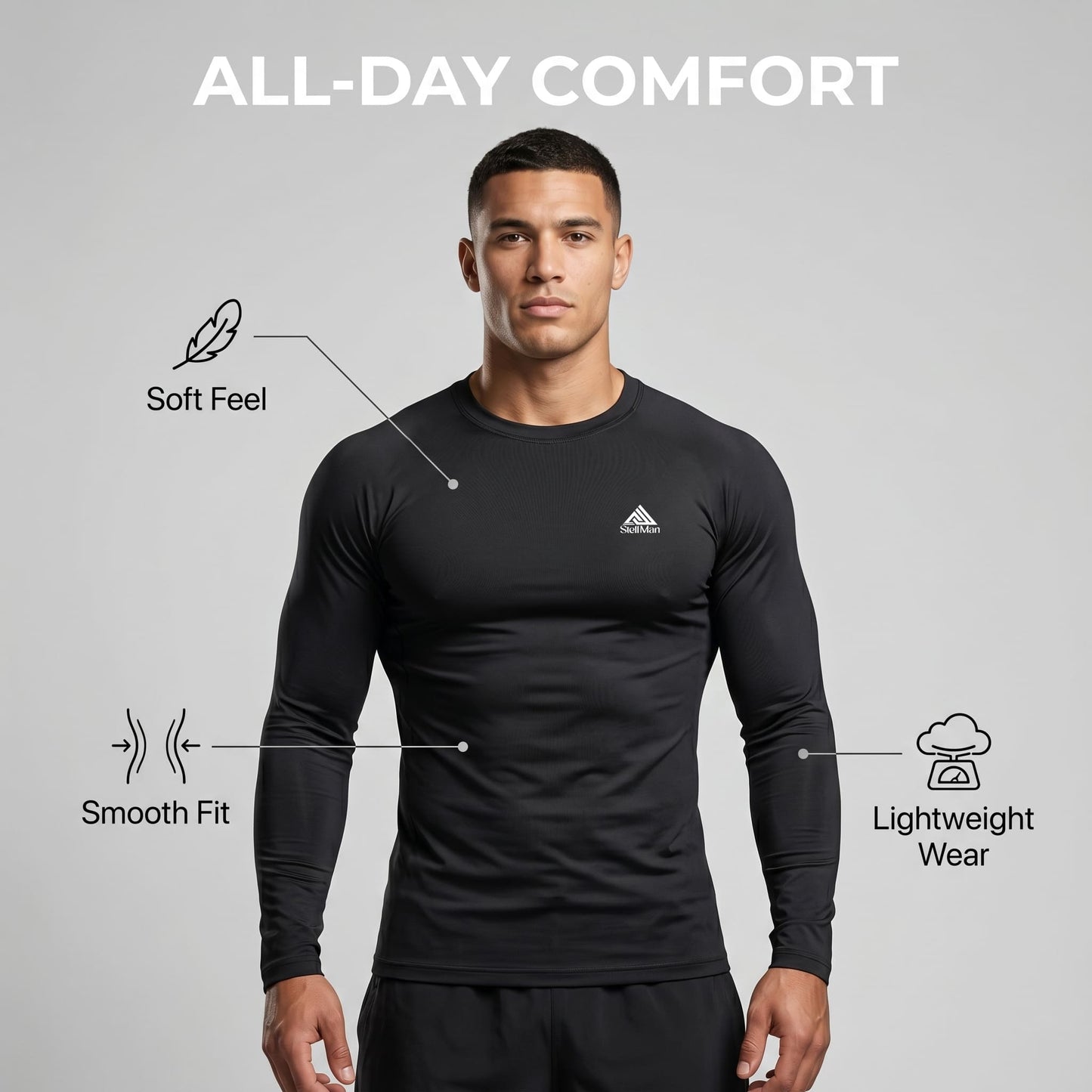StellMan Vortex Men’s Base Layer Top – Black Shirt