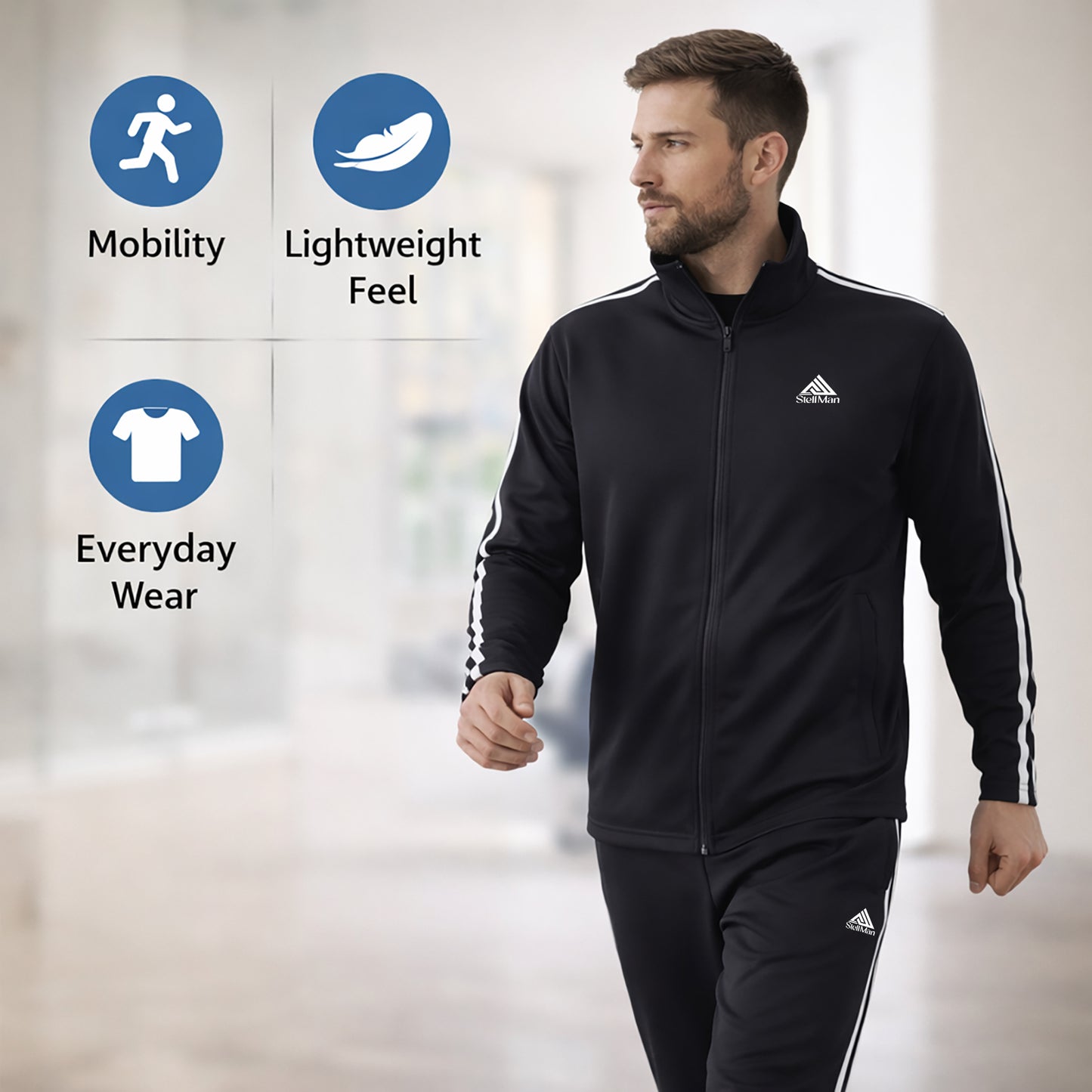 StellMan Axion Men's Track Suit – Men’s Performance Polyester Set - Black