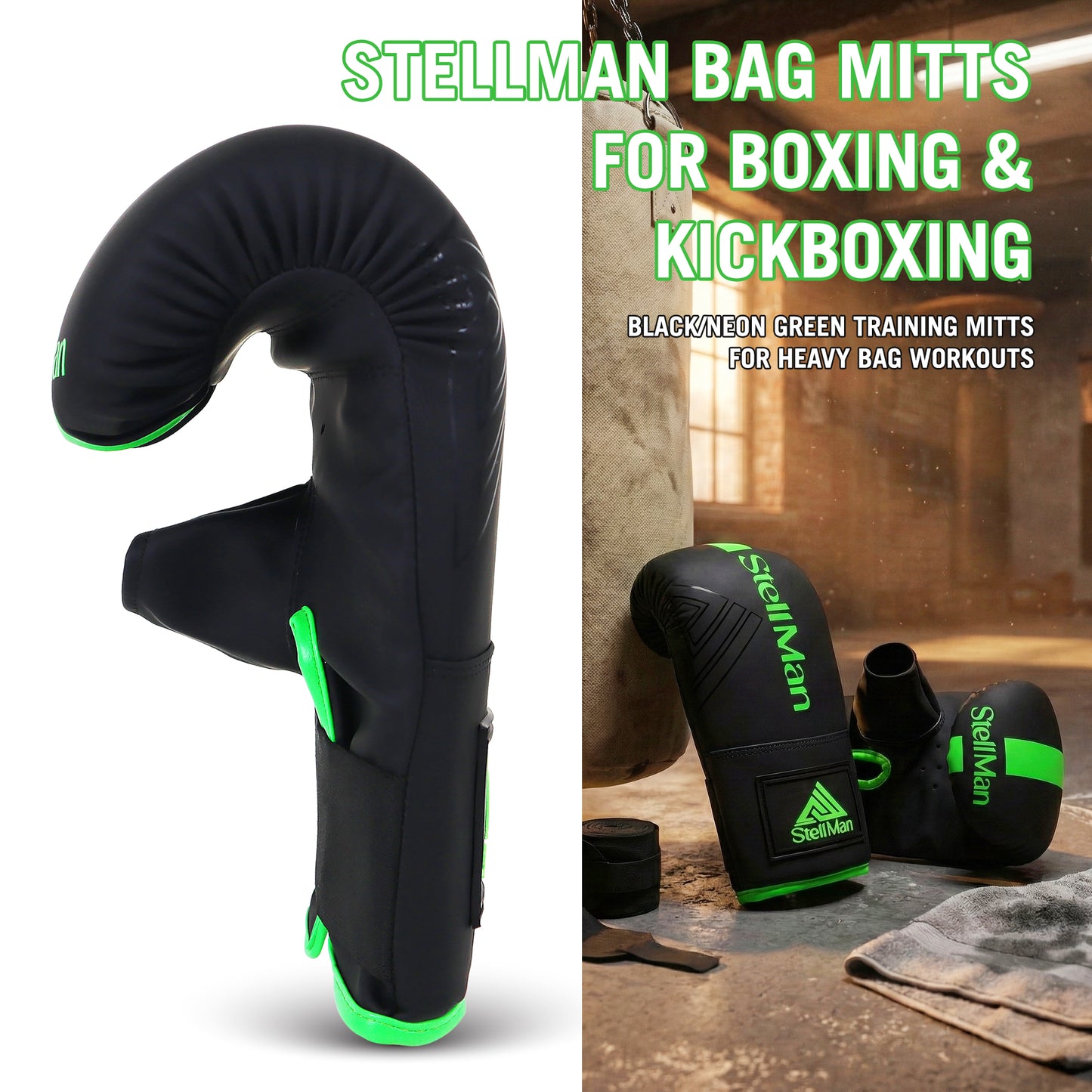StellMan StrikePro Boxing Bag Mitts – Black / Neon Green