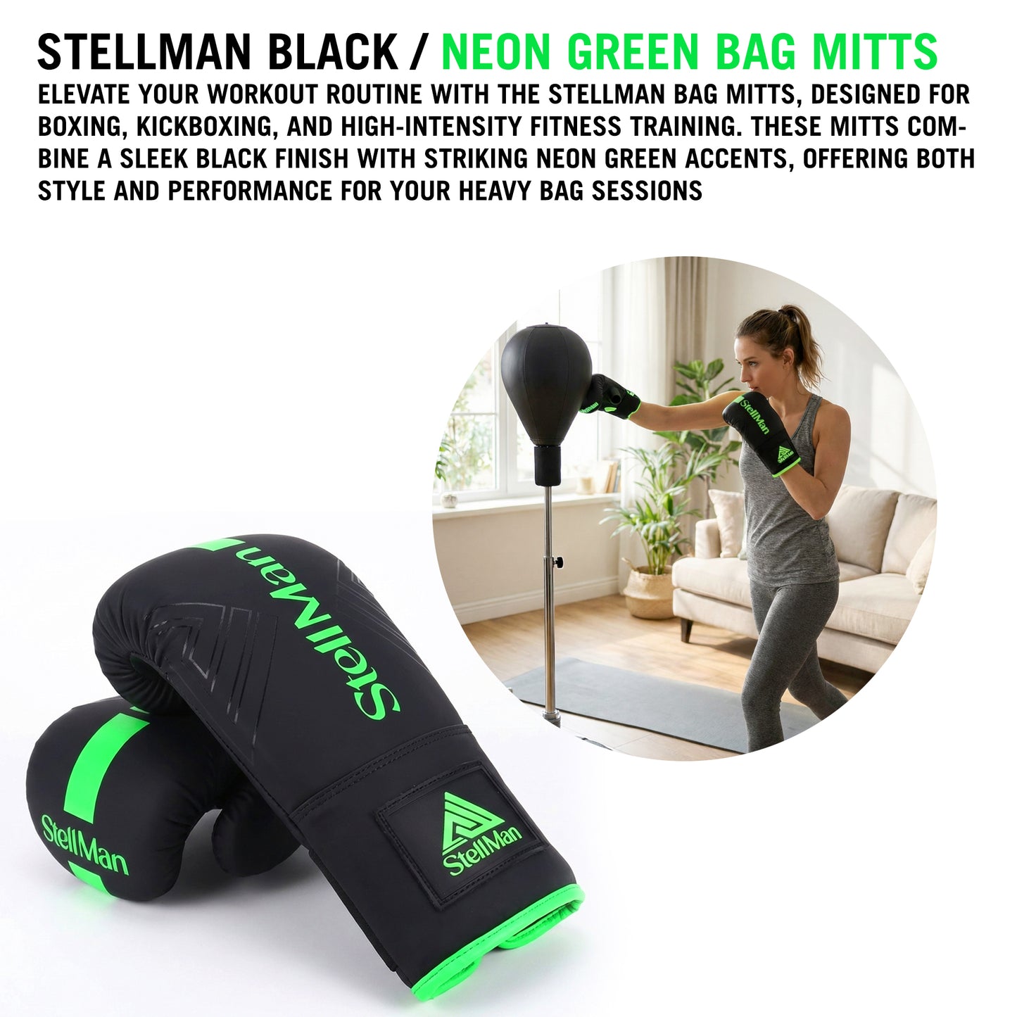 StellMan StrikePro Boxing Bag Mitts – Black / Neon Green