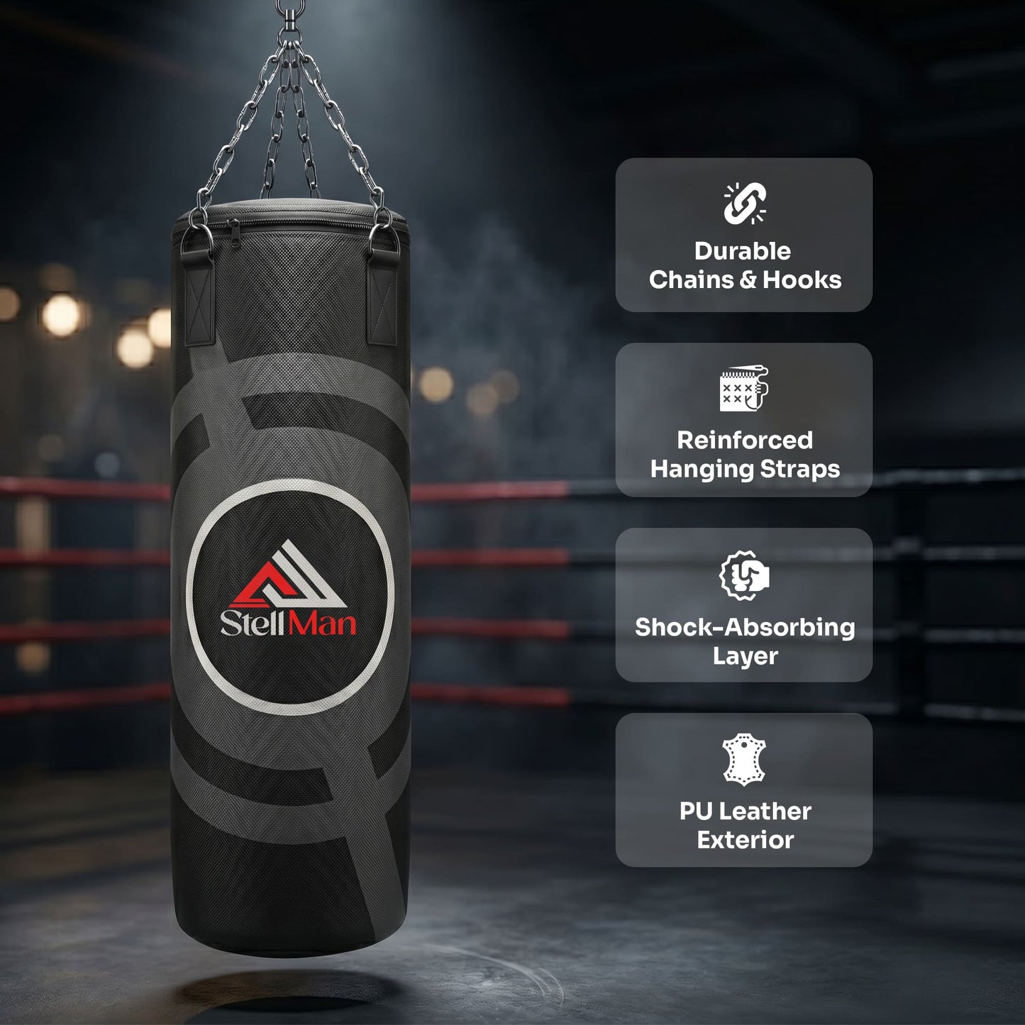 Stellman Heavy-Duty MMA Hanging Punching Bag – Black | Built for Intense Training