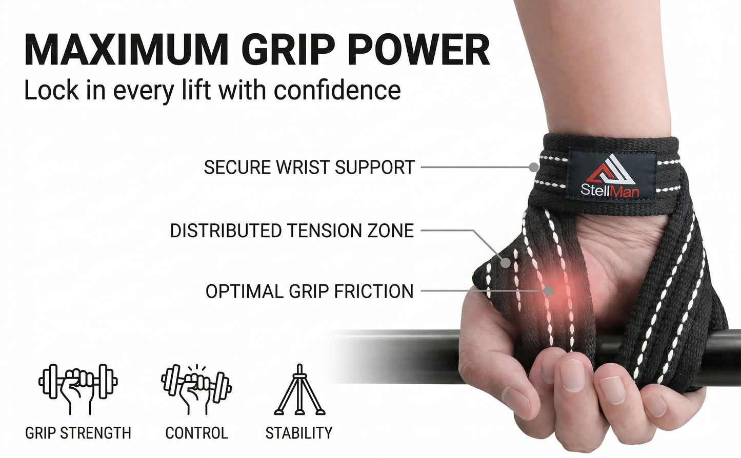 StellMan Figure 8 Lifting Straps – Heavy-Duty Deadlift Grip Support