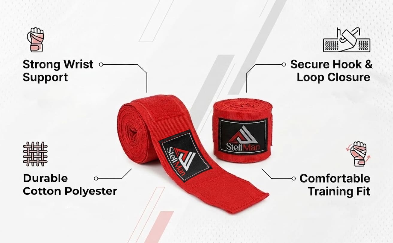 StellMan Pro Boxing Hand Wraps – Red Wrist Support