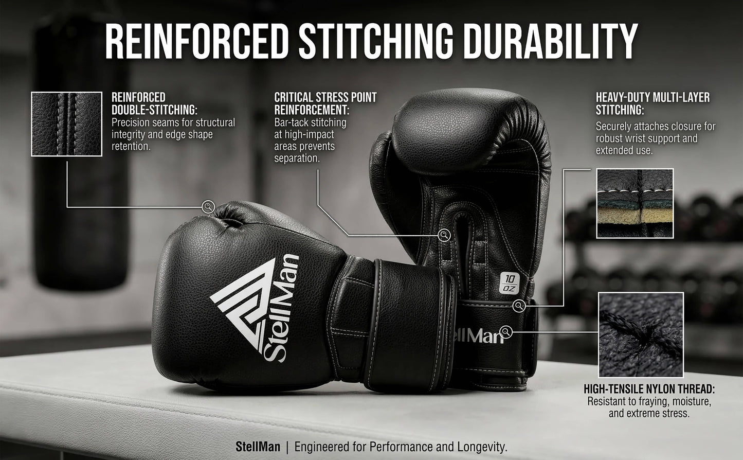 Black boxing gloves with StellMan branding on a blurred background, featuring text about reinforced stitching durability.