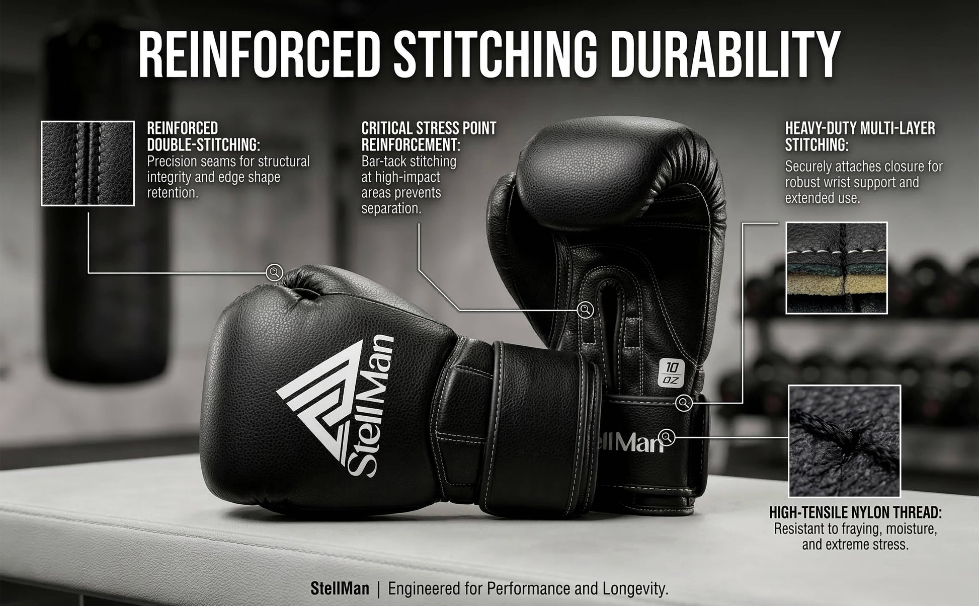 Black boxing gloves with StellMan branding on a blurred background, featuring text about reinforced stitching durability.
