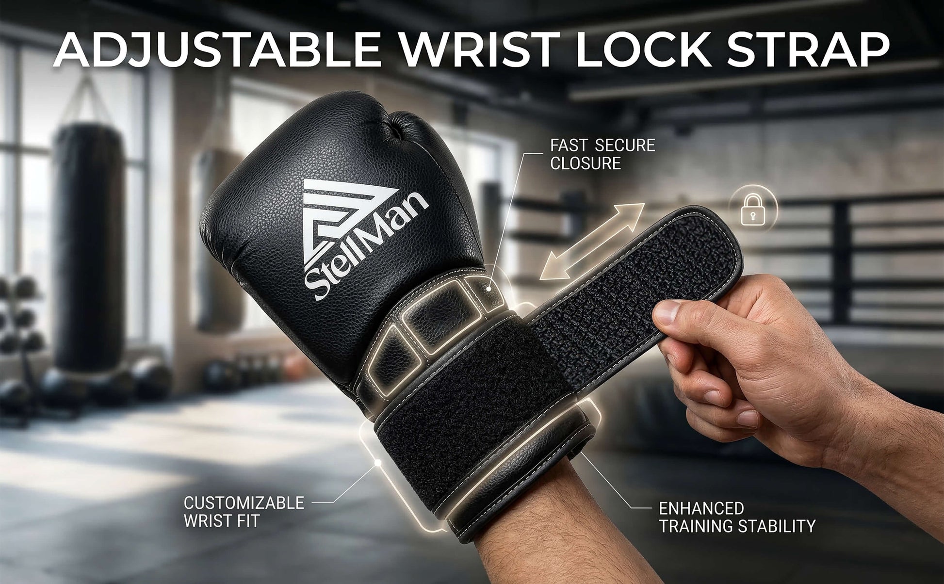 Black boxing glove with adjustable wrist lock strap held by a hand, gym background.