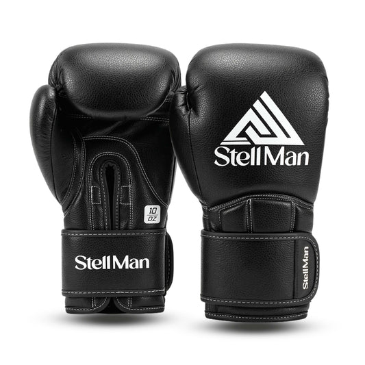 StellMan PunchMaster Pro boxing gloves black premium synthetic leather training gloves 10oz