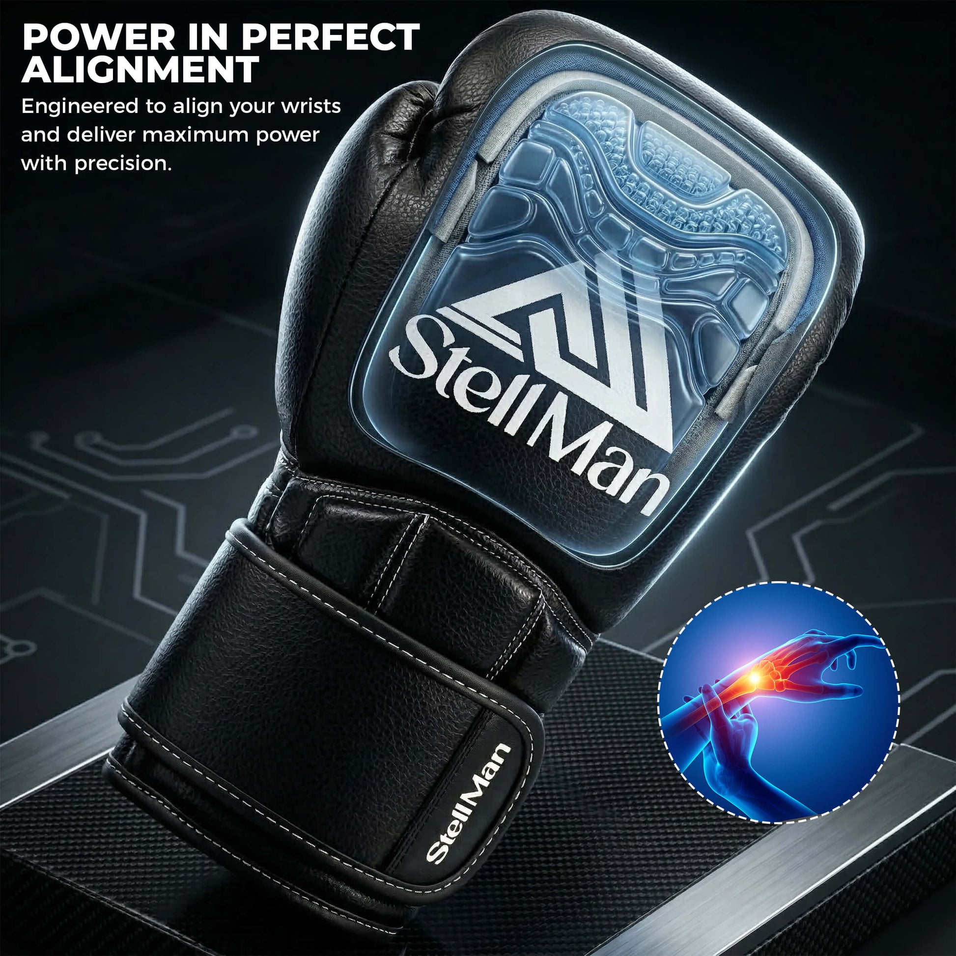 Black wrist support brace with StellMan branding on a dark background