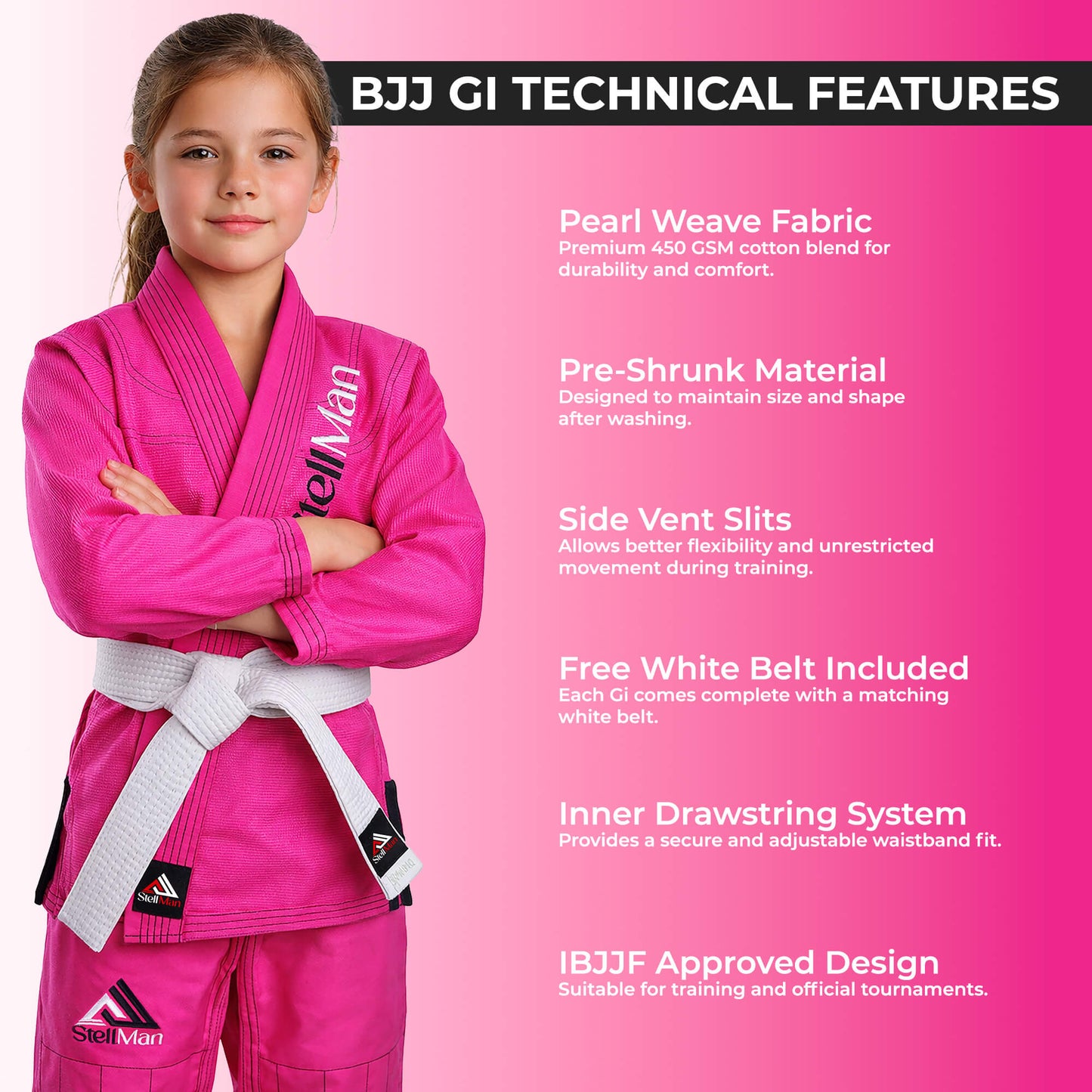 StellMan LittleWarrior Kids Brazilian Jiu-Jitsu BJJ Gi – Pink