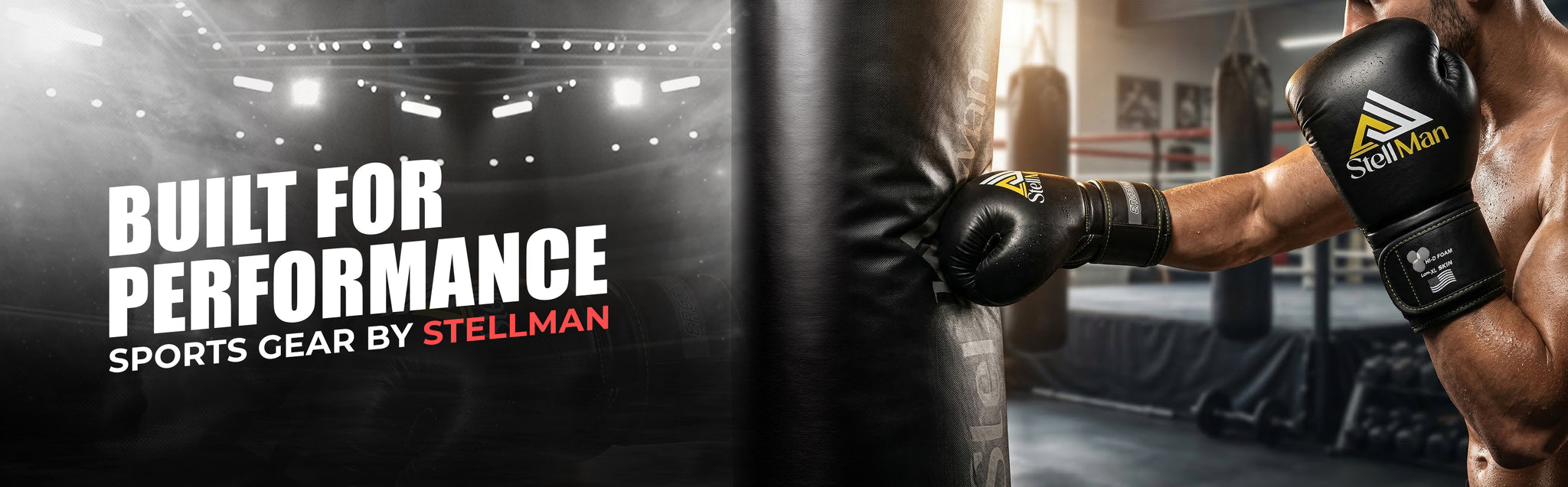 Person wearing boxing gloves training in a gym with Stellman branding.