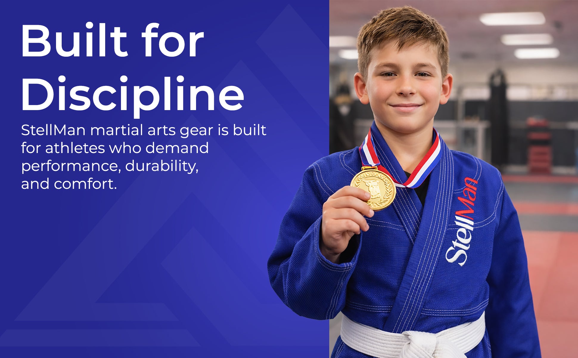 StellMan blue kids BJJ gi with strong collar and free white belt included