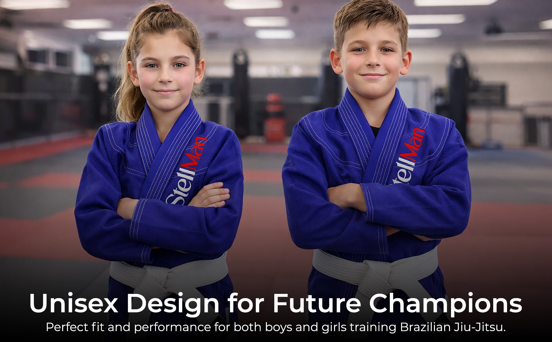 Young Brazilian Jiu-Jitsu athlete wearing StellMan blue kids BJJ gi with medal