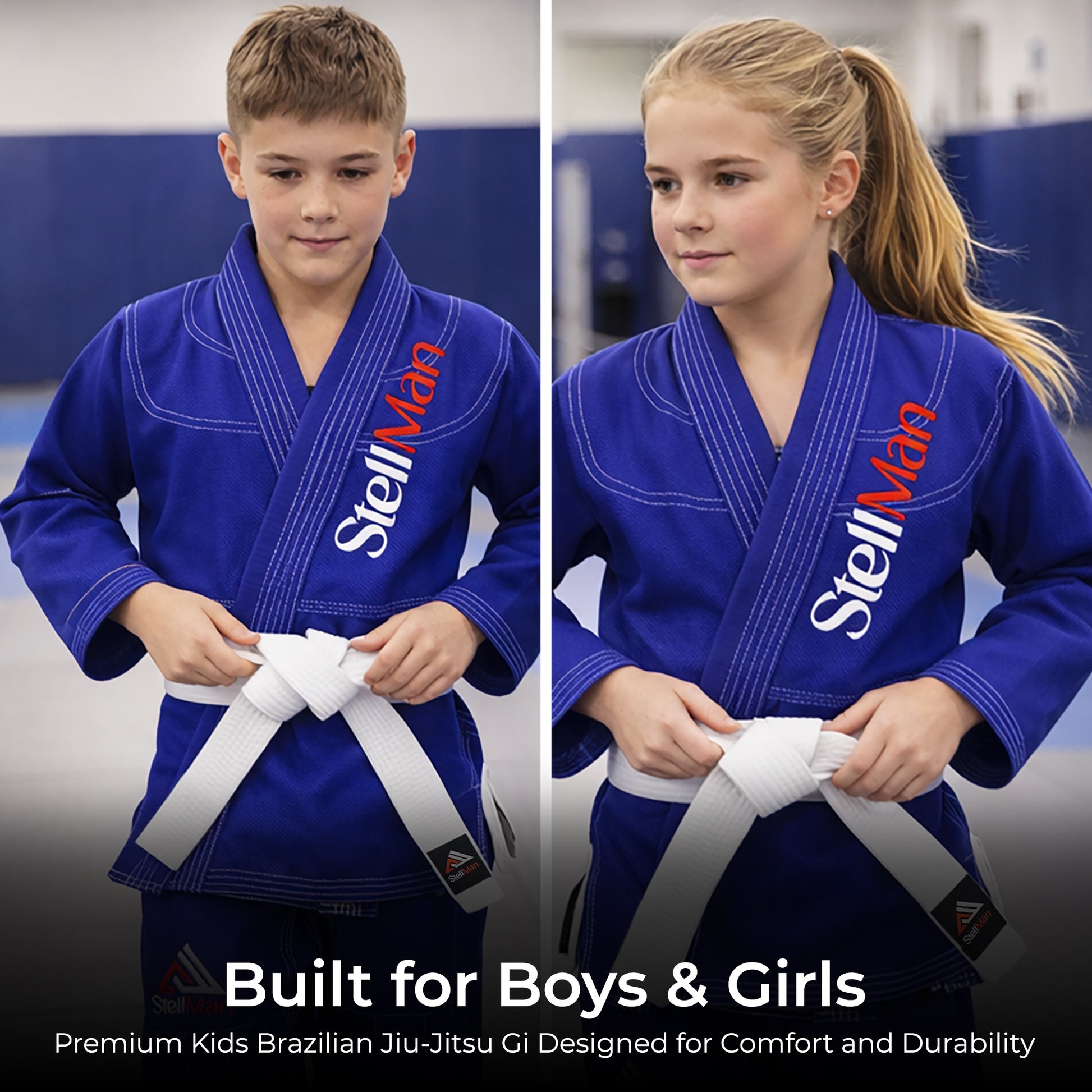 StellMan kids blue BJJ gi worn by young Brazilian Jiu-Jitsu athlete during training