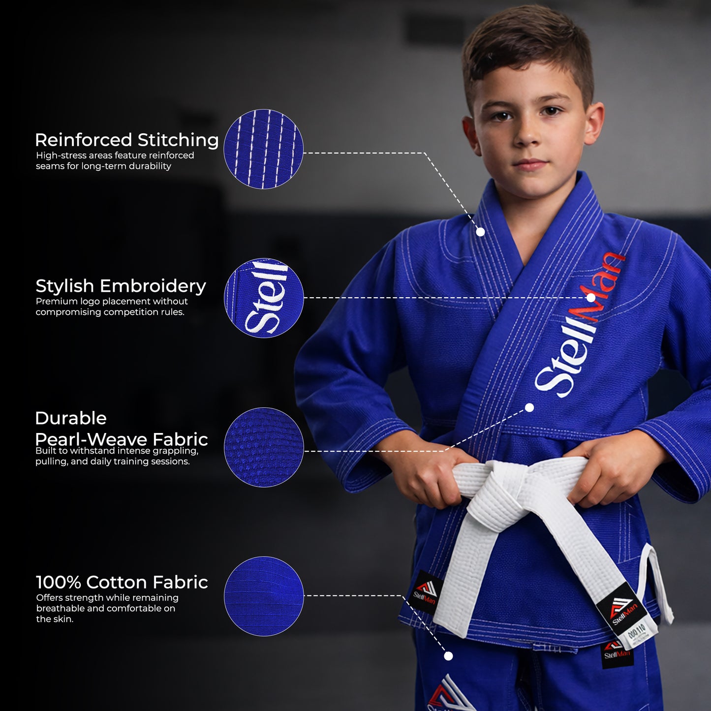 StellMan youth Brazilian Jiu-Jitsu gi blue designed for boys and girls training BJJ