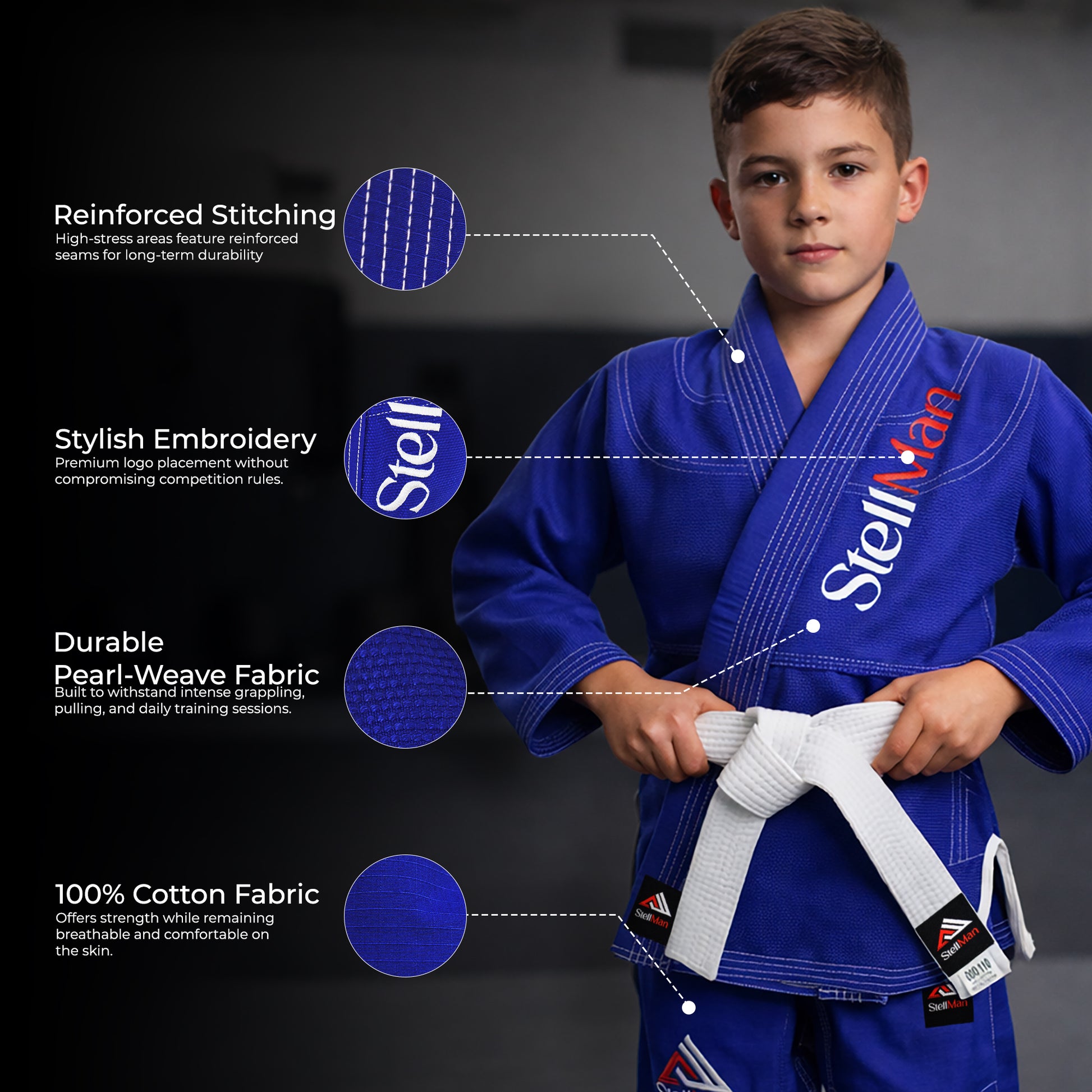 StellMan youth Brazilian Jiu-Jitsu gi blue designed for boys and girls training BJJ