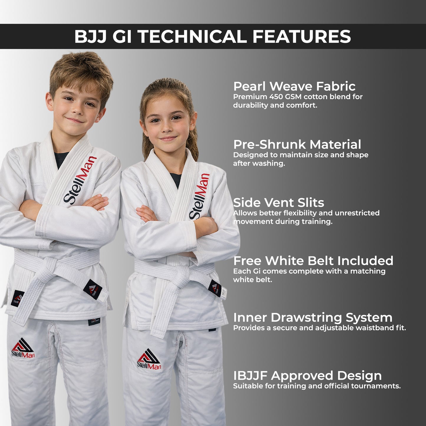 StellMan LittleWarrior Kids Brazilian Jiu-Jitsu BJJ Gi – White