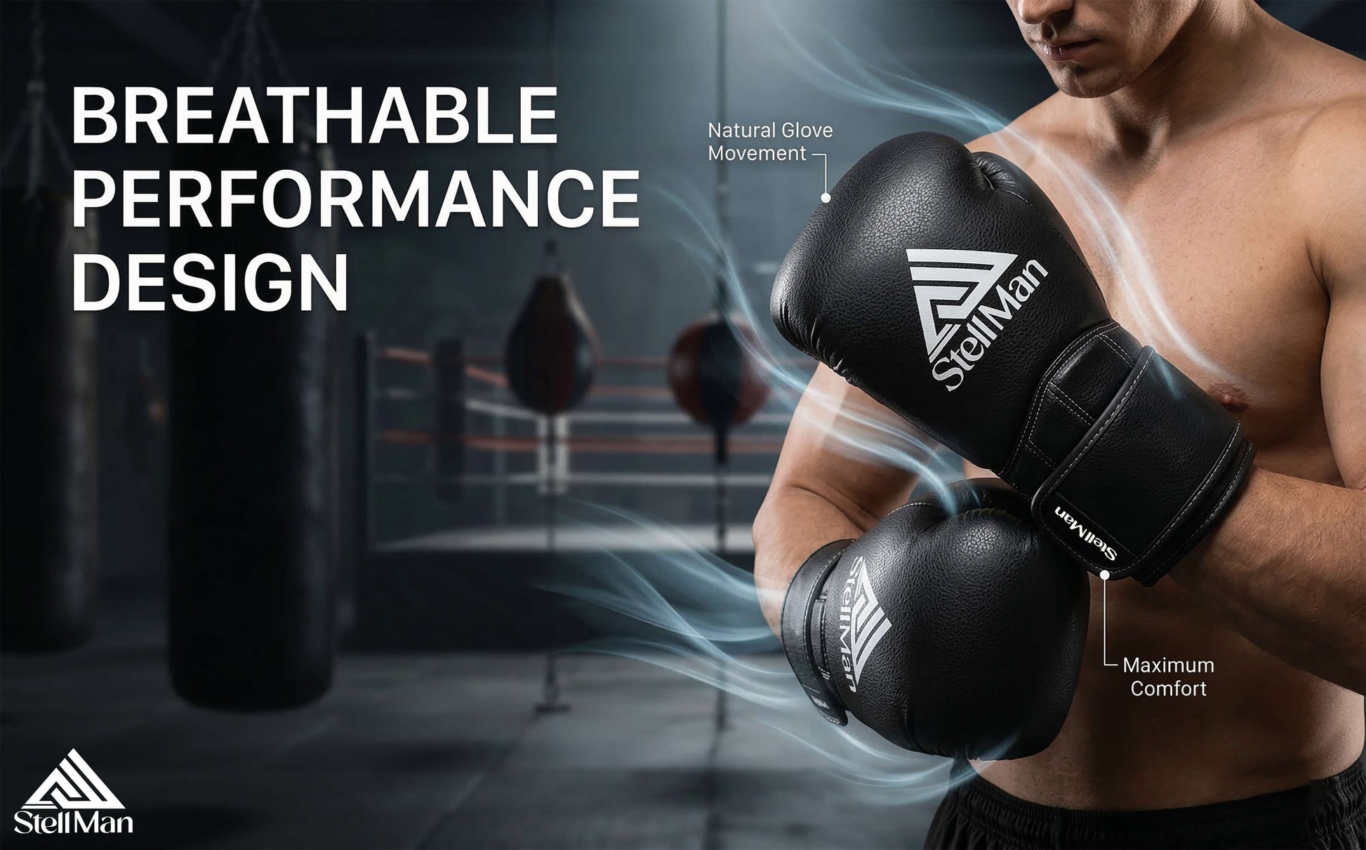 Person wearing StellMan boxing gloves with text about glove design in a boxing ring setting